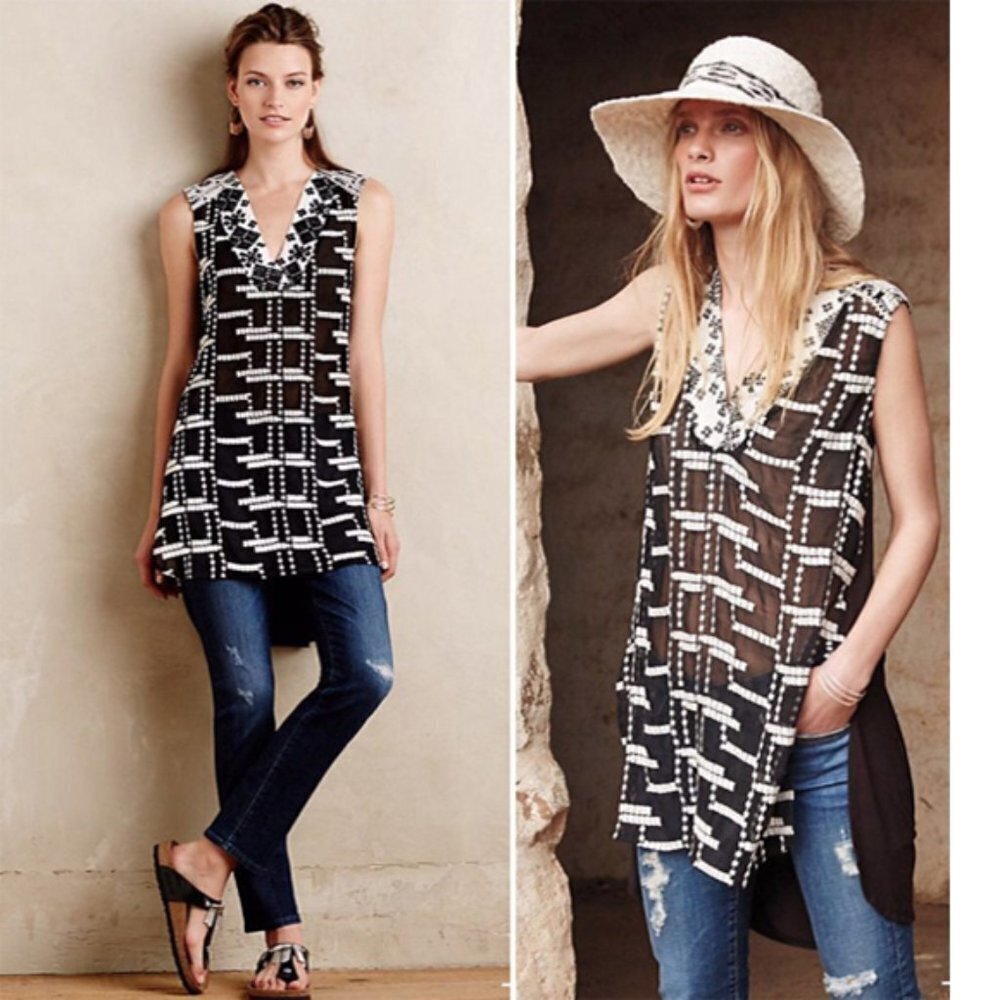 ANTHROPOLOGIE/ANTHRO Tiny Chaparral Tunic Size S Black White